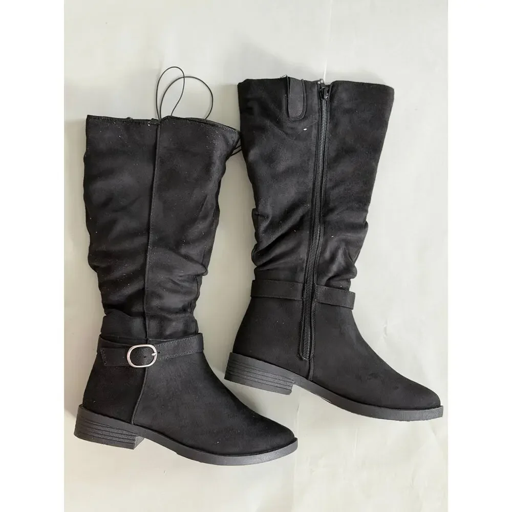 NEW! 10M Pop Chambers Womens Flat Heel Slouch Boots Black Suedelike